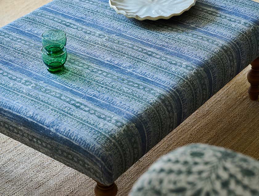 Porthallow footstool in Spill Resistant V&A Sulawesi Splendour Indra Winter